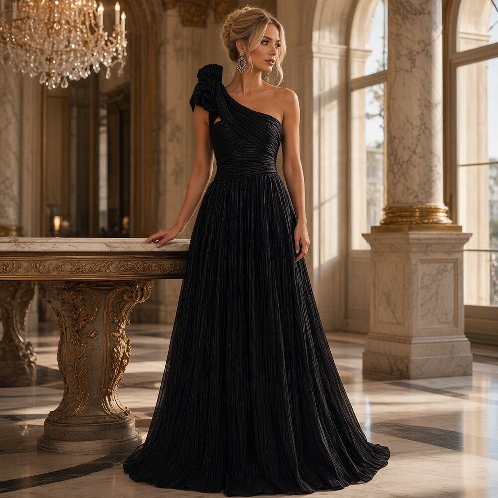 Tahari ASL – Size 6 – NWT – One‑Shoulder Crinkle Navy Gown